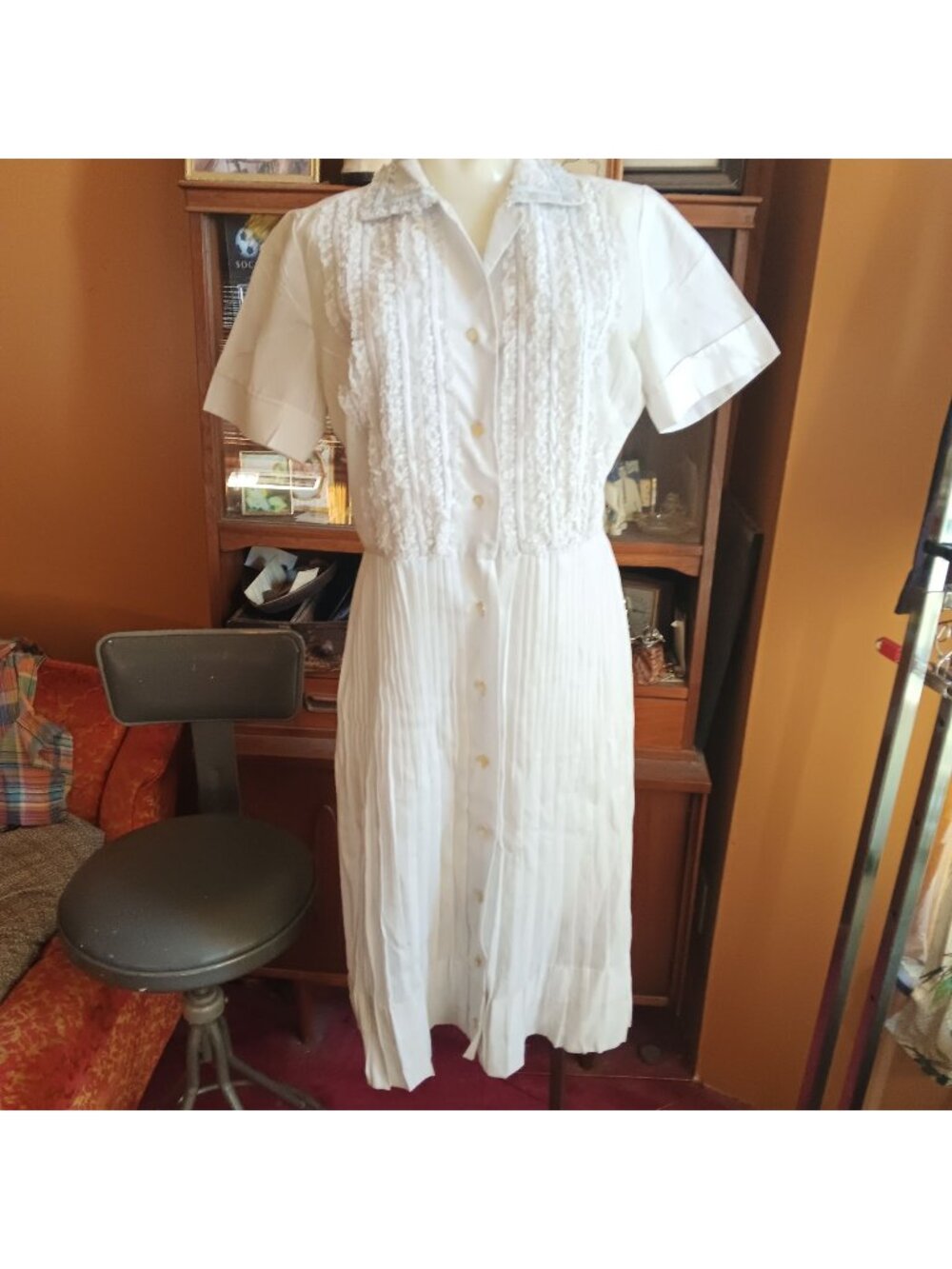 Lace Ruffle True Vintage Dress sz 14 Large Pale Blue Pleated Midi Wedding 1970's